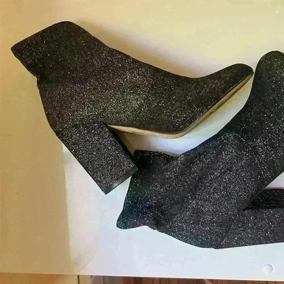 Express Women's Black Glitter Ankle Boots Size 8 High Heel Block Booties - Picture 8 of 11